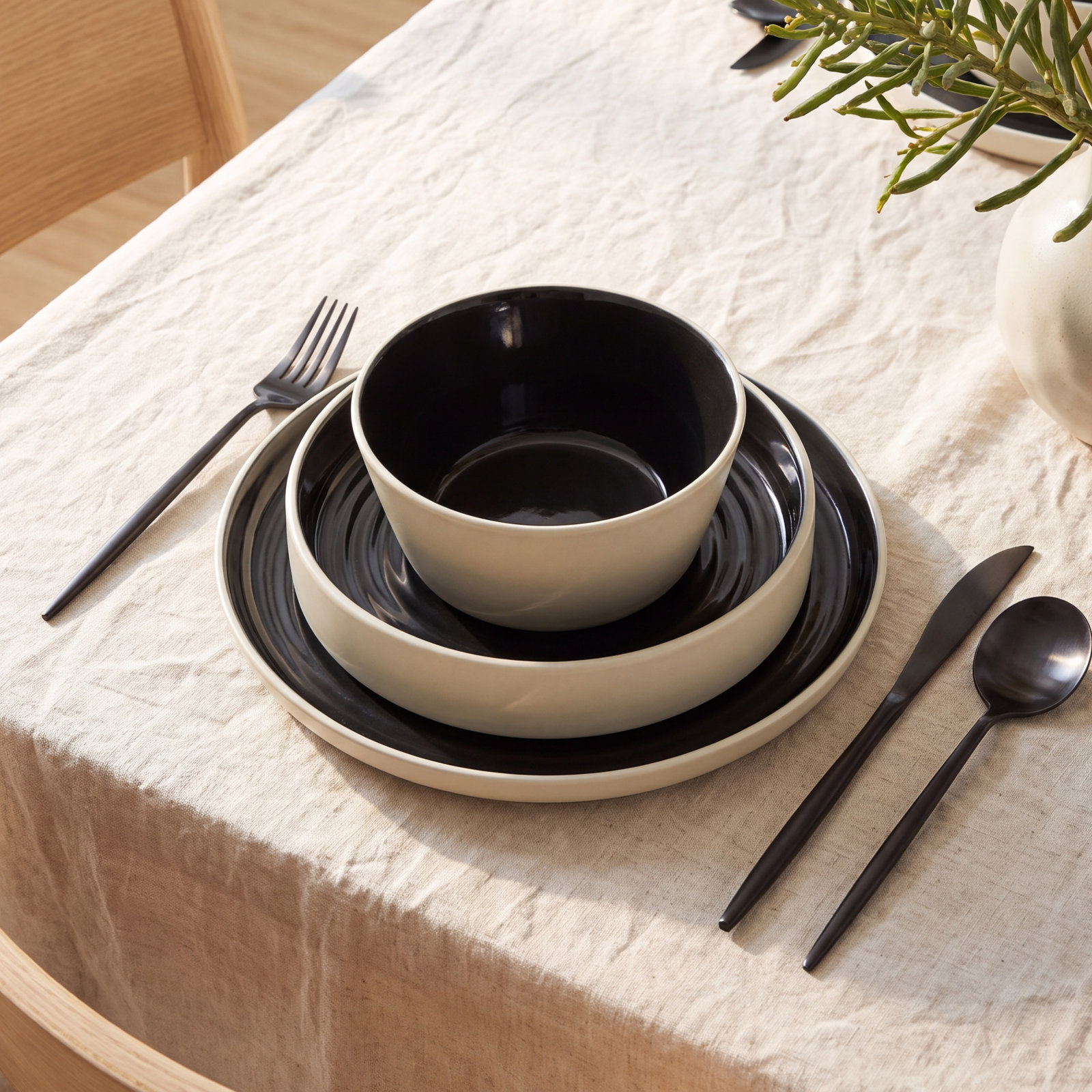 Elica Stoneware Dinnerware Set, Black