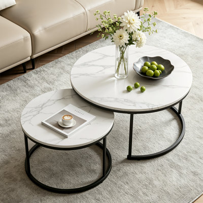2-pieces Round Nesting Coffee Table Metal Frame And Wood Finish Side Tables