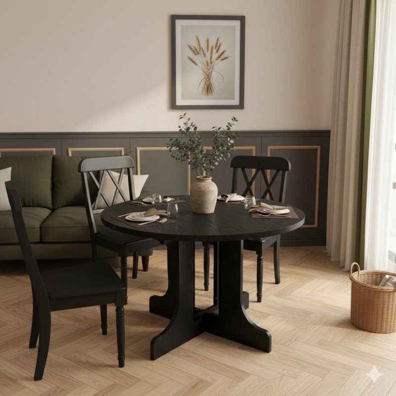 Expandable Oval Dining Table For Farmhouse Kitchen 59X43 Inches With Removable Insert Panel And Trestle X-Shaped Base, Black Finish