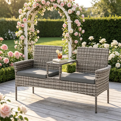 2-Seat Patio PE Wicker Loveseat Conversation Set with Built-in Storage Shelf, Tempered Glass Coffee Table & Cushions, All Weather Outdoor Rattan Furniture for Porch Backyard, Gray