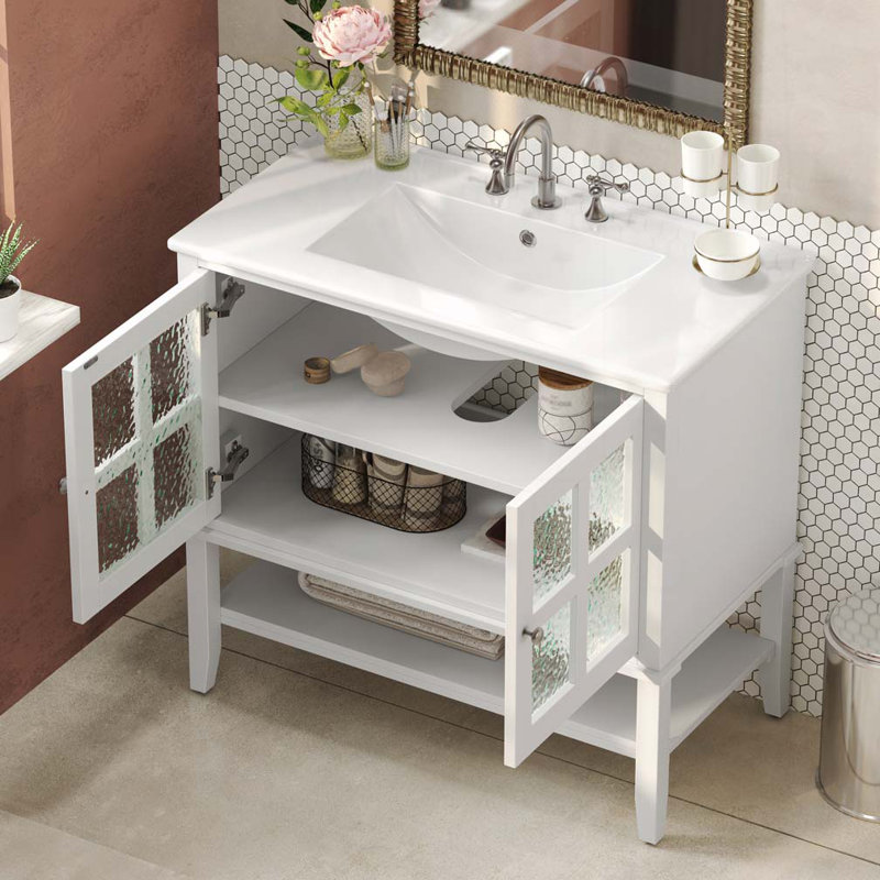 Meuble-lavabo de salle de bain avec lavabo en céramique, Blanc