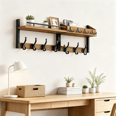 Portemanteau mural avec tablette, crochets muraux robustes avec porte-clés et organisateur de courrier, portemanteau d'entrée en bois rustique avec crochets métalliques robustes pour le salon, la chambre à coucher et la salle de bain