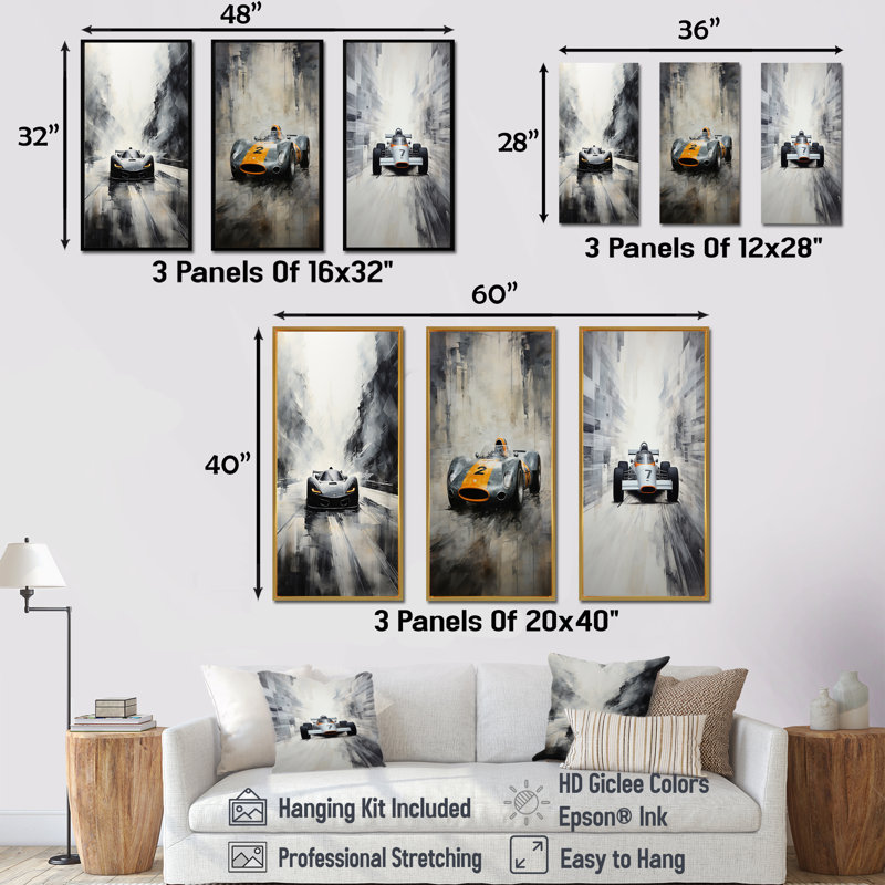 Gray Minimalist Race Car Traces I - ensemble de 3 impressions sur toile, Cadre flottant brun, H 32 po x l 48 po