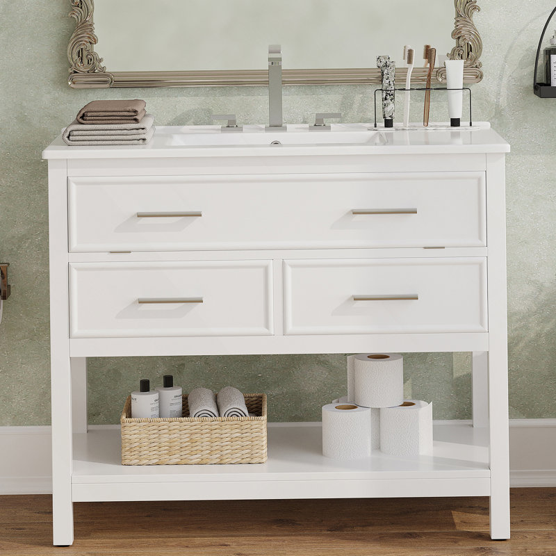 Meuble-lavabo 36 po avec lavabo en céramique, meuble-lavabo avec plateau basculant et 2 tiroirs pleine extension, poignées argentées et glissières à fermeture en douceur, 1 tablette ouverte en bas, blanc