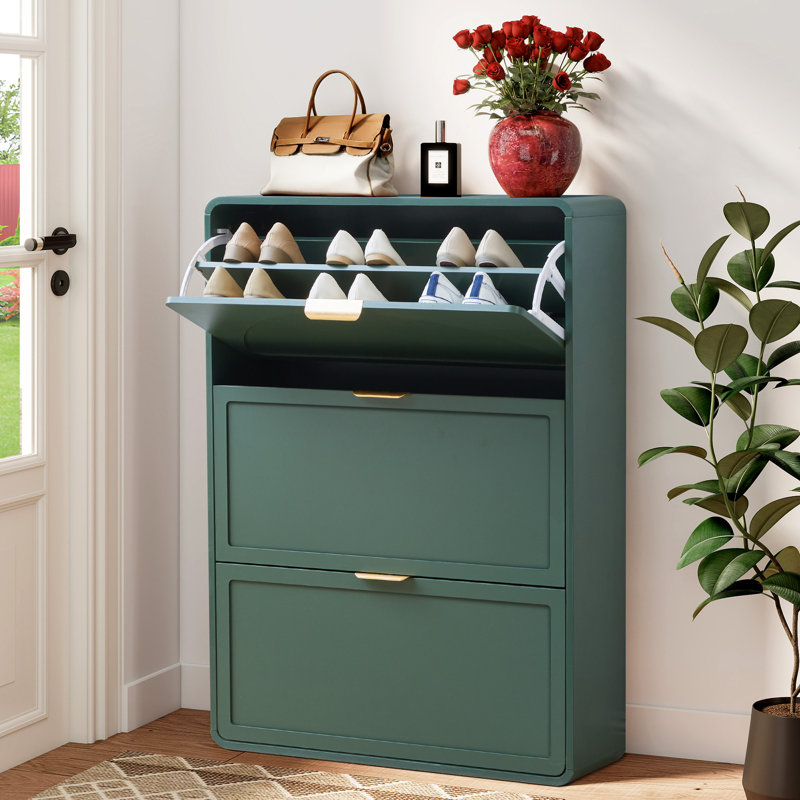24 Pair Shoe Storage Cabinet With 3 Flip Drawers, Green