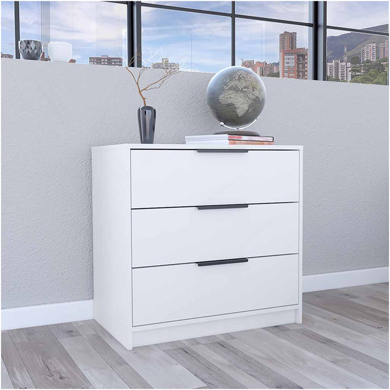 Commode 3 tiroirs Maryland, plateau, finition blanche, Blanc