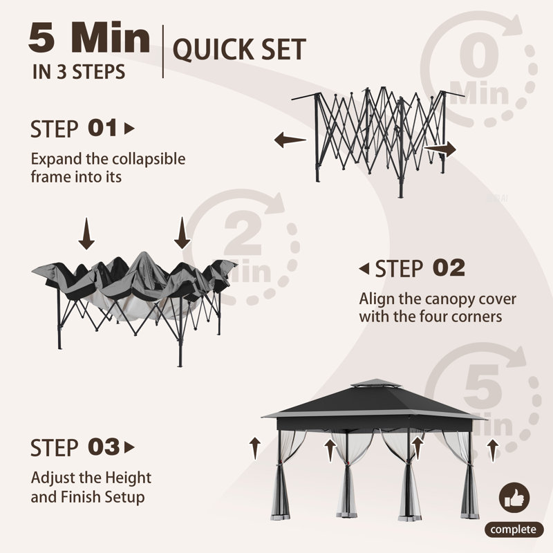11x11 Pop Up Gazebo, Outdoor Waterproof Gazebo Tent For Outdoors, Black, 110.4" H x 156" W x 156" D