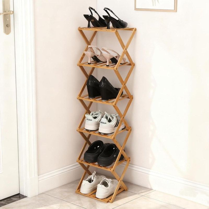 Étagère à chaussures pliable en bambou étagère à chaussures 6 niveaux, Brown