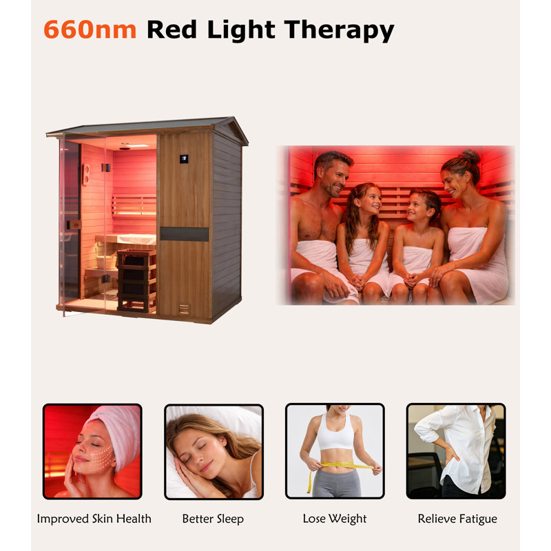 Samsora Outdoor Traditional Steam Sauna for 4-Person, 3800W/240V, Mid-Infrared Lamp, 95℉-230℉, Mahogany Wood, Built-In Bluetooth Speaker, Includes Sauna Heater and Sauna Stone, Negative Ion Board