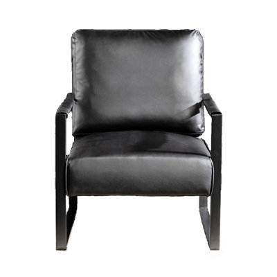 Fauteuil de style Mid-Century, fabrication en métal renforcé, fauteuil en similicuir noir pour le salon, revêtement carré en microfibre tacheté, pièce, chambre à coucher, bureau personnel