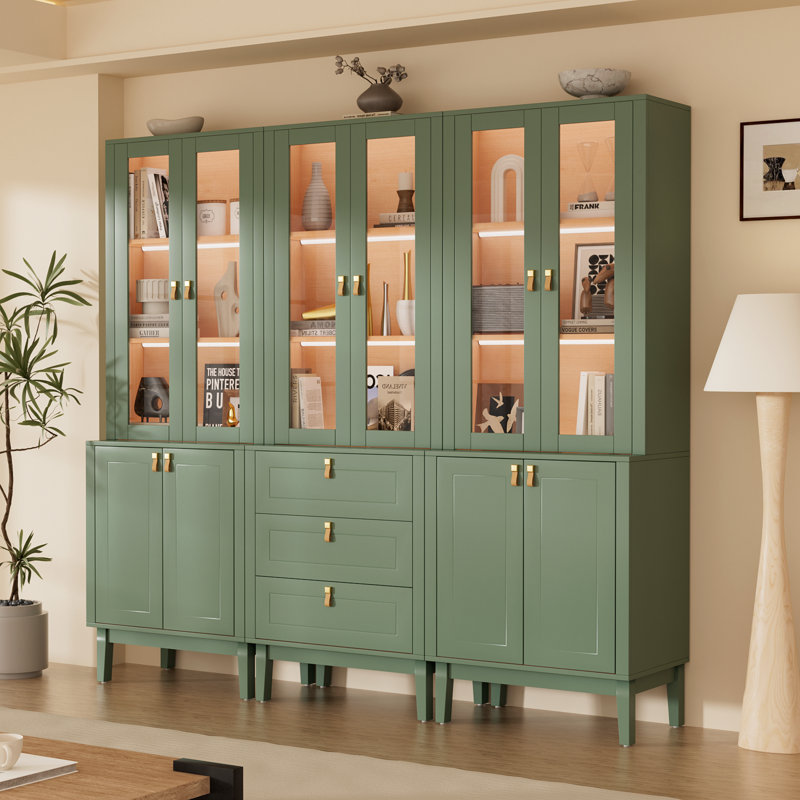  71" W Modular Library Bookcase with Glass Doors, Integrated LED Lighting, Brass-Colored Hardware & Genuine Leather Loop Pulls, Large Sage Green Wall Unit with Drawers and Storage Cabinets