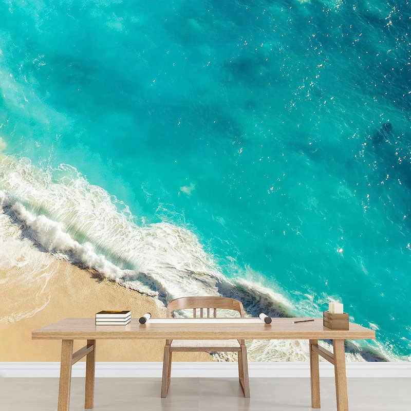 Murale bleu sarcelle à peindre sur la plage, L 144 po x l 100 po