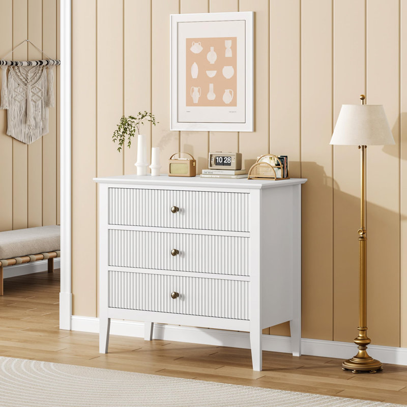 Modern 3 Drawer Dresser, Fluted Wood Chest of Drawers with Metal Legs, Wide Storage Organizer with Anti-Tip Kit, White