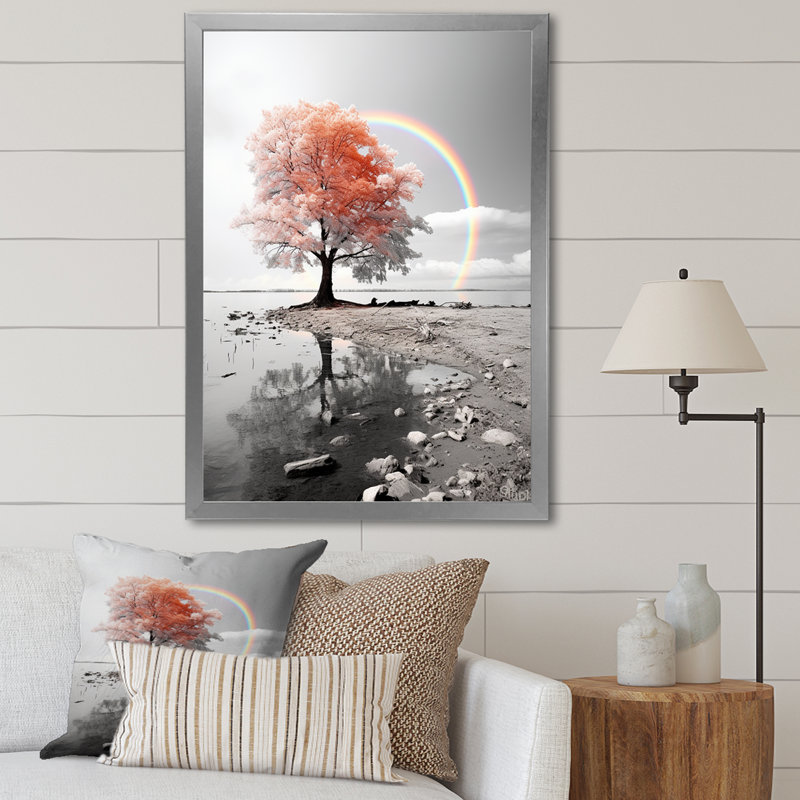 Rainbow Arc Over Pink Tree - Floral Canvas Wall Art, Cadre photo argenté, H 44 po x l 34 po x P 1,5 po