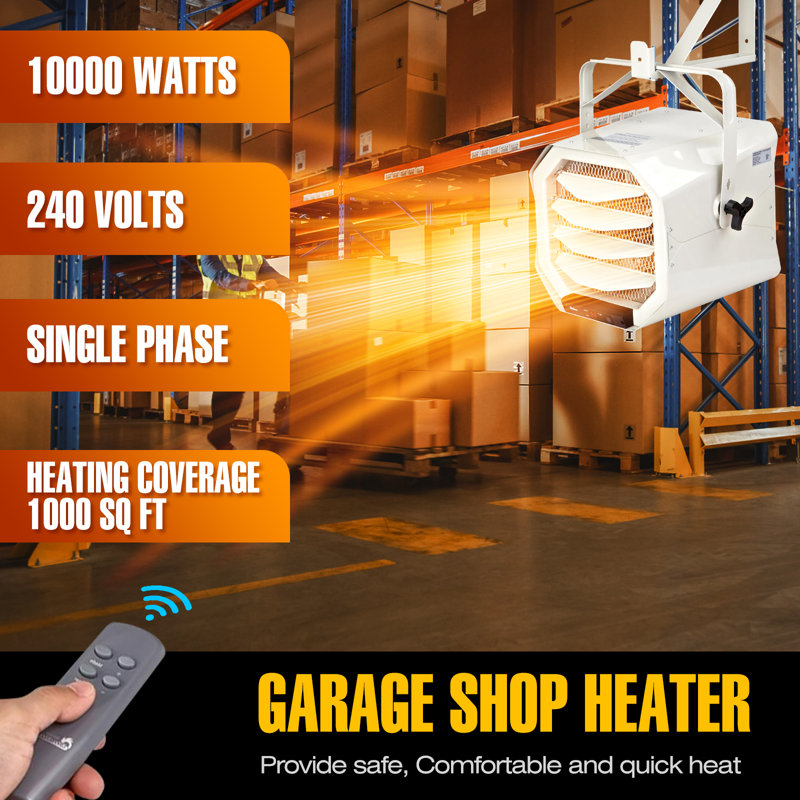 DR. INFRARED HEATER DR-975 7500-Watt 240-Volt Hardwired Shop Garage Electric Heater, Wall/Ceiling Mounted with Remote Controlled Thermostat White