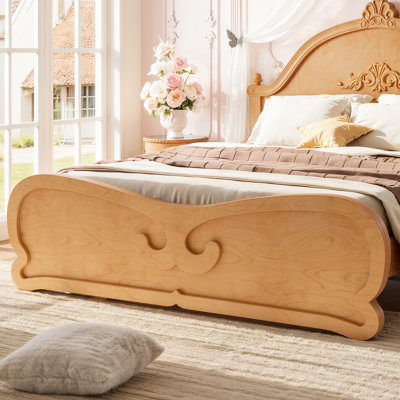 Twin Vintage Carved Platform Bed with Headboard, Solid Wood Frame with Slats, Low Profile, No Box Spring, Kids & Teens.Beige