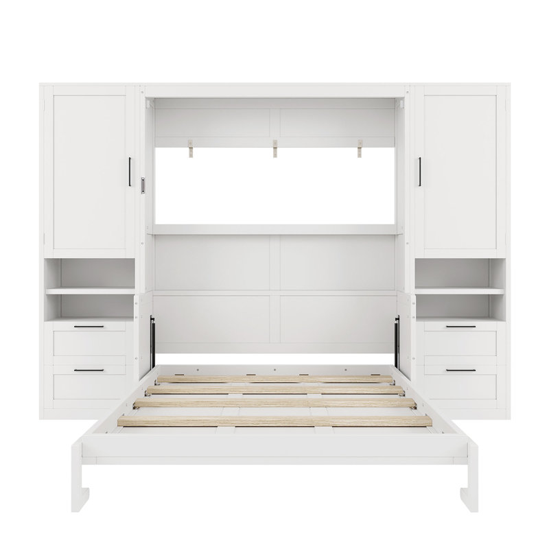 Grand lit escamotable mural avec placard, tiroirs et tablettes, lit escamotable mural peu encombrant, blanc, Blanc