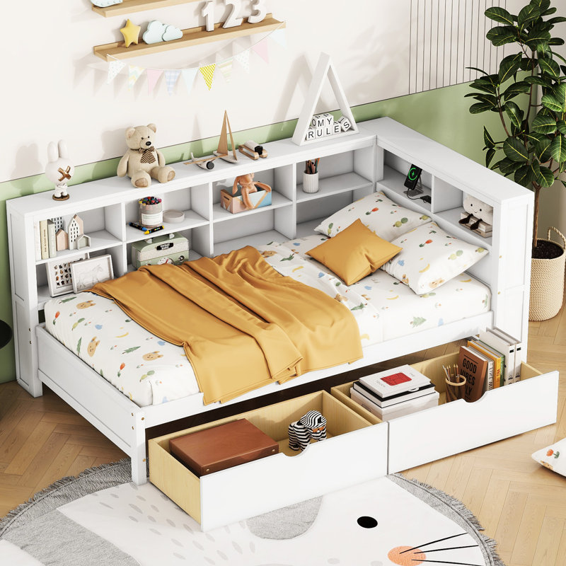 Lit de jour simple en bois blanc avec 2 tiroirs, tablette de rangement et charge - 10 lattes pour la stabilité, capacité de poids de 350 lb, conception de ports en pin, soutien solide,