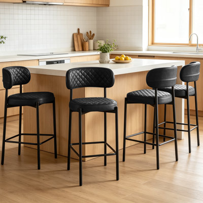Modern Faux Leather Upholstered Waffle Tufted Bar Stool with Back (Set of 2/4)
