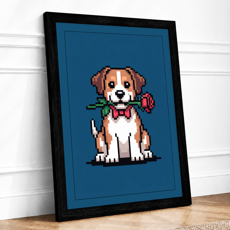 Pixel Pup with Rose Retro - Framed Print, A2 - 59.4 x 42.0 cm, Black