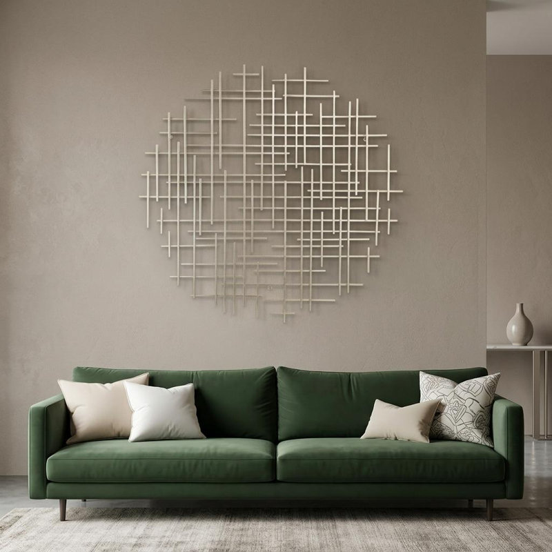  37" X 38" Champagne Metal Abstract Lines Round Hanging Dimensional Sculpture, 36.75" H x 38" W x 1.25, Champagne
