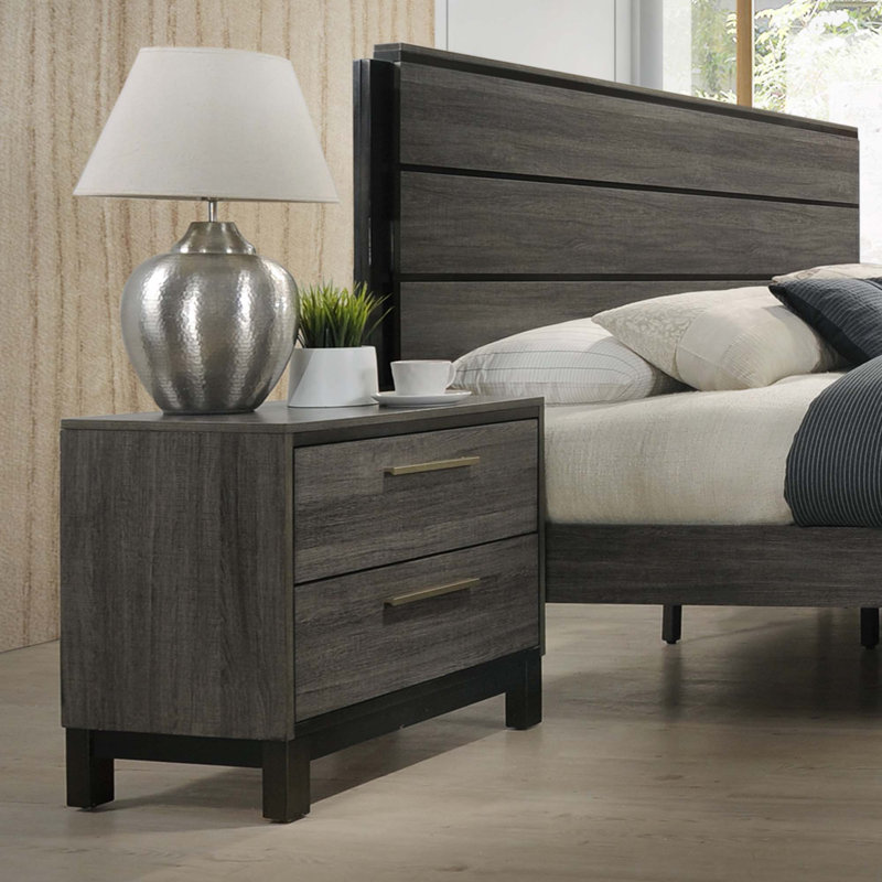 Table de chevet 2 tiroirs en bois, finition gris antique