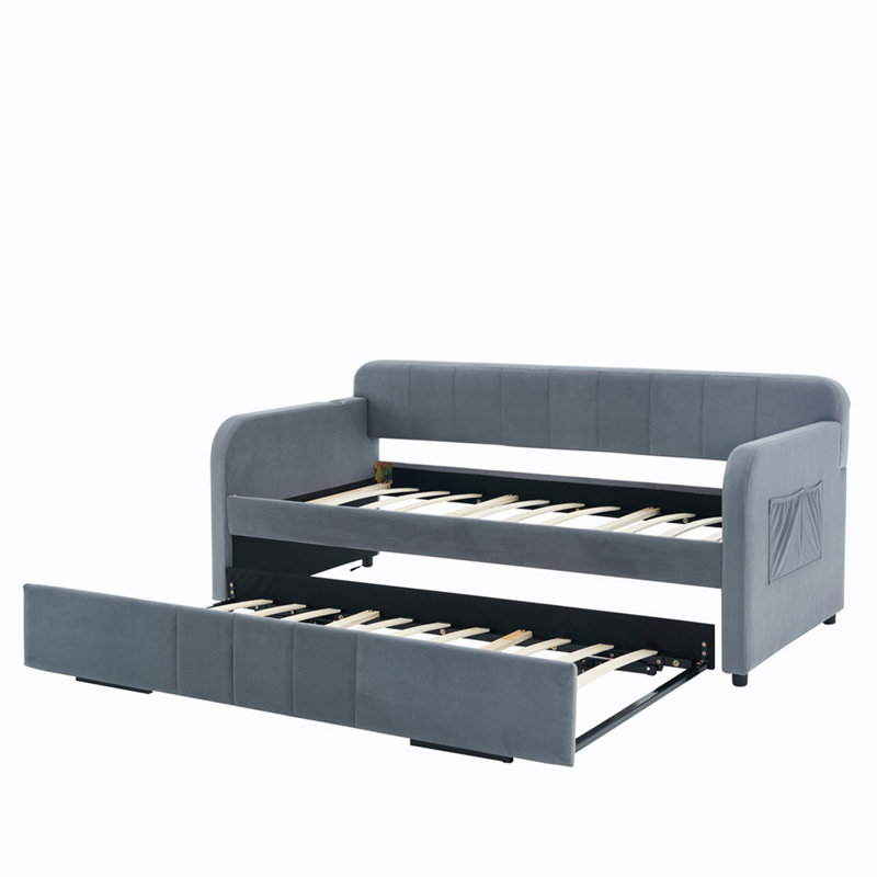 Structure de lit de jour rembourrée en velours avec lit gigogne pour chambre d'amis, gris