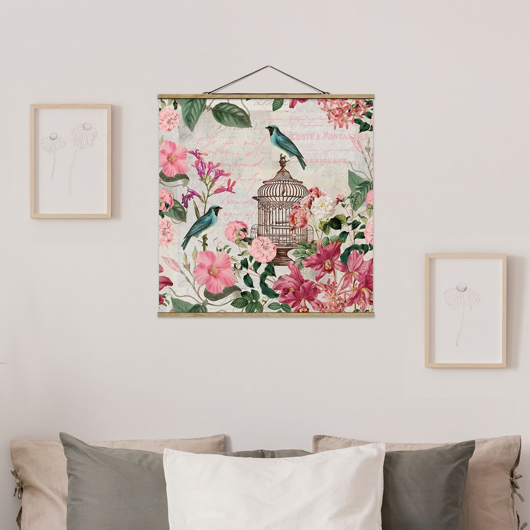 Stoffbild Mit Posterleisten - Shabby Elegance Collage - Rosa Blüten Und Blaue Vögel - Quadrat 1:1