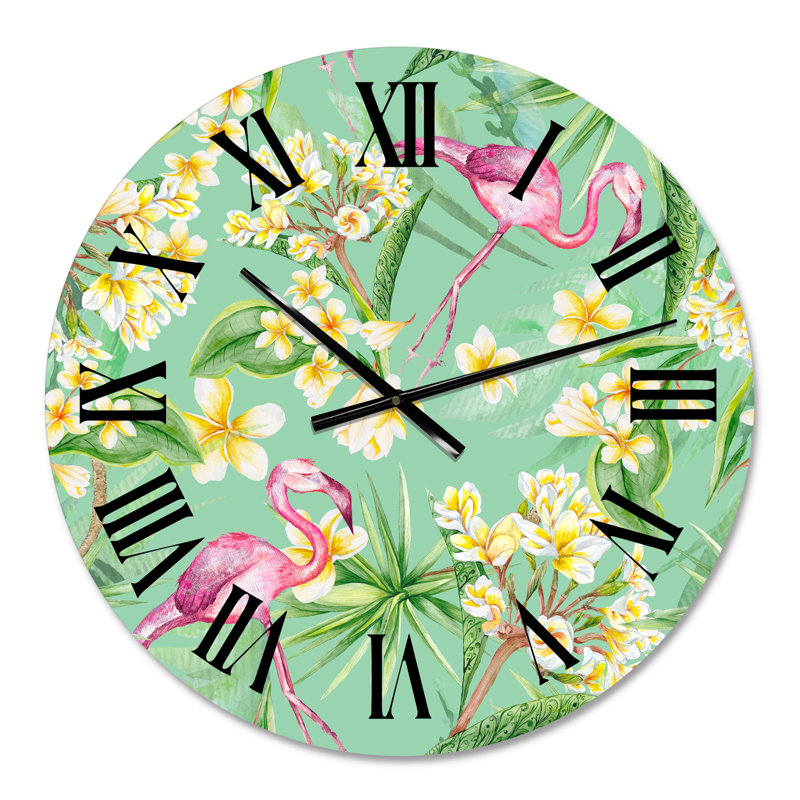 Horloge murale traditionnelle feuillage tropical, fleurs jaunes avec flamant V, Surdimensionné
