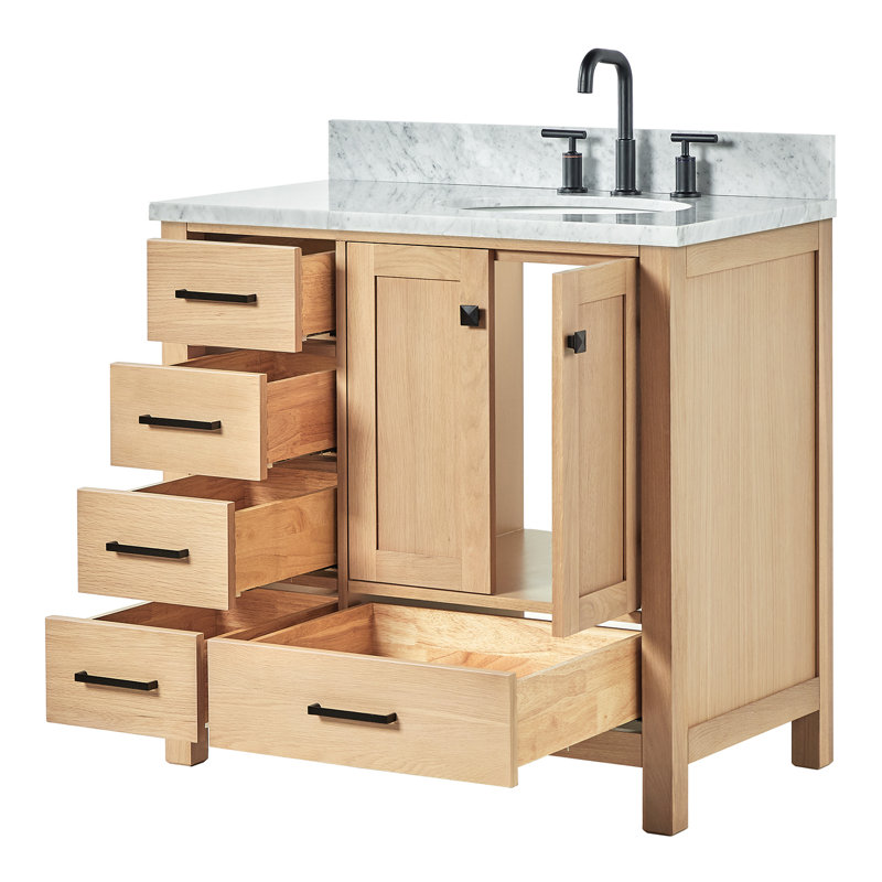 Flynt 37'' Single Bathroom Vanity with Carrara Marble Top, Oak