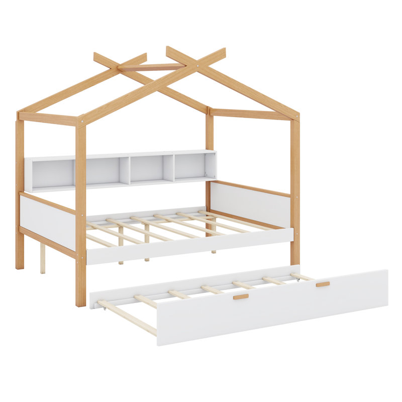Wooden House Bed With Original Wood Colored Frame Trundle And Bookshelf Storage Space For Children Or Guest Room
