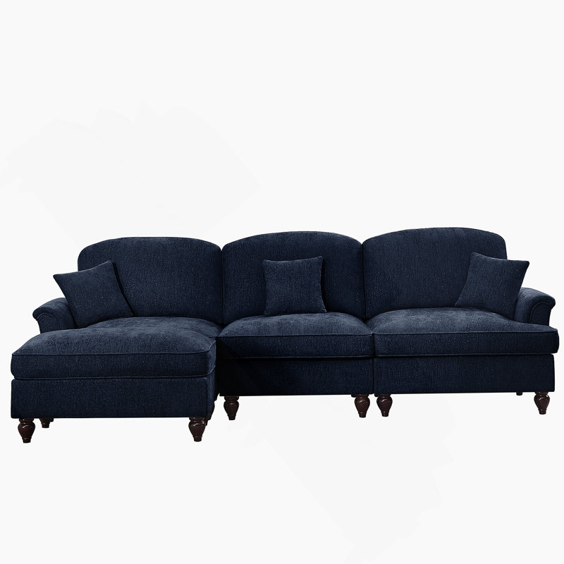 Mid Century Three Seater Modular L Shaped Sectional Couch with Flared Arms, Removable Ruffles Pleats Skirts, and Spindle Legs, Comfy Chenille 3-Seat Deep Seat Sofa with Movable Ottoman, Blue