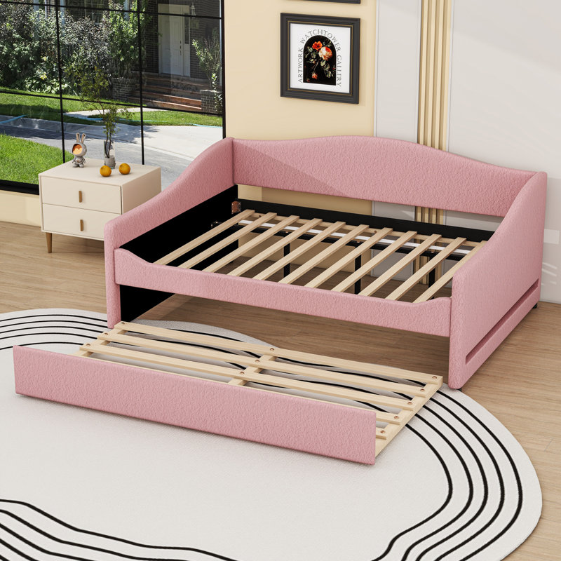 Upholstered Daybed with Trundle and LED Lights, Full/Double, Pink