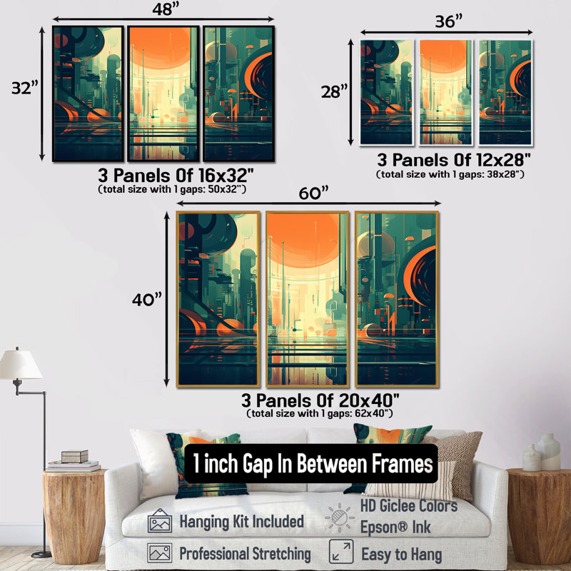 Ensemble d'art mural rétro moderne pleine lune III - Mid-Century, Cadre flottant noir, H 40 po x l 60 po x P 1 po