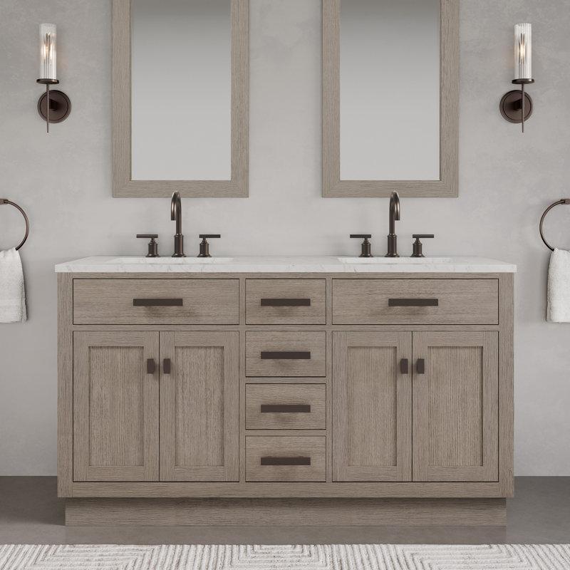 Chestnut 60" Carrara White Marble Countertop Bath Vanity with Faucet, Gray Oak