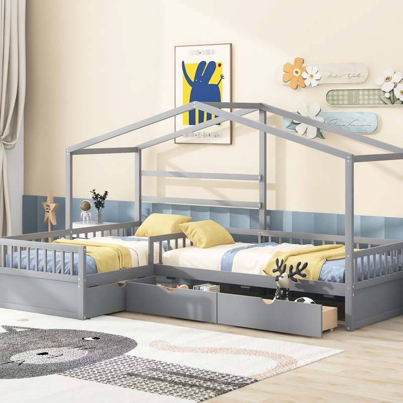 Lit simple avec 3 tiroirs de rangement gris, Gris