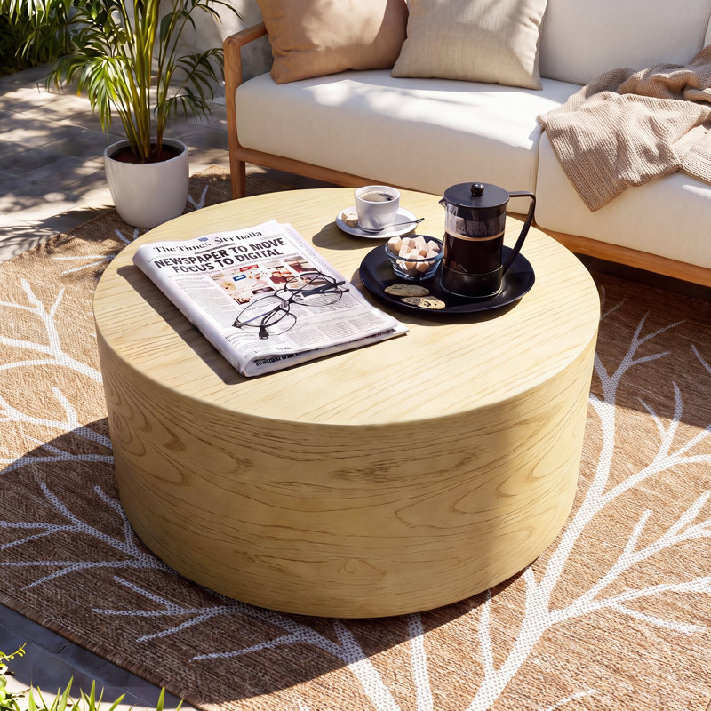Table basse d'extérieur en oxyde de magnésium 28 po avec surface texturée aspect bois, ronde, chêne naturel, Jaune, Rond