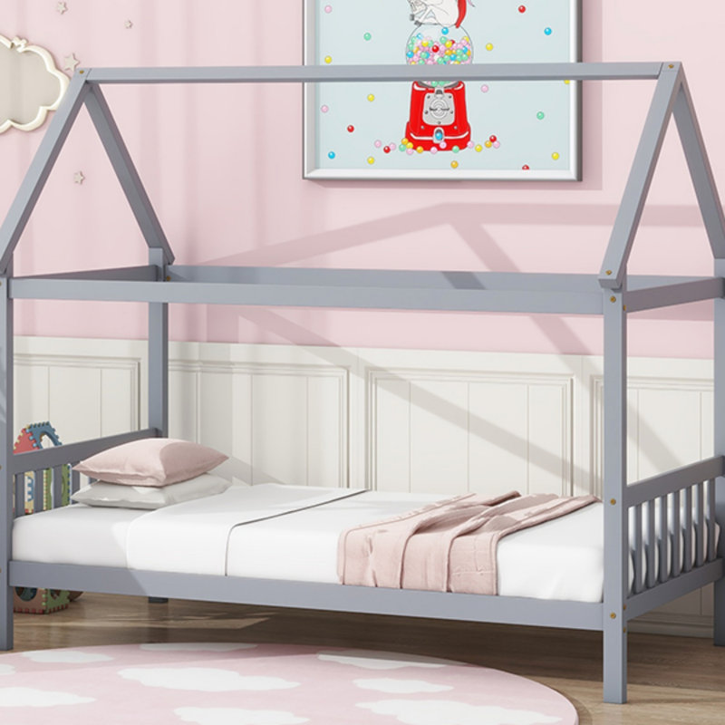 Lit simple avec toit, lit en bois massif avec tête et pied de lit, Gris