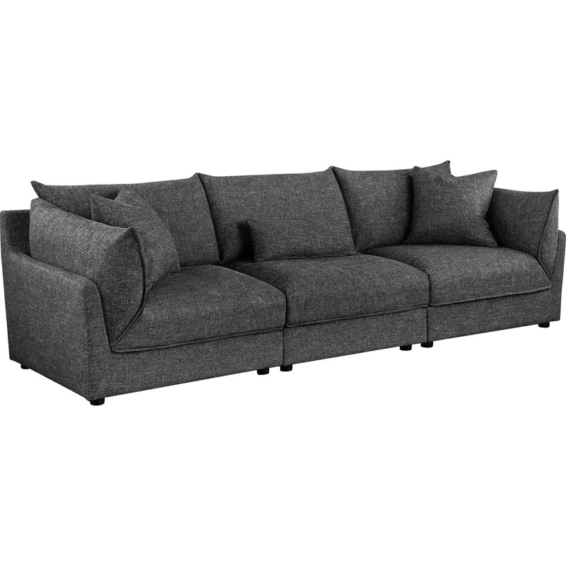 3 modulaires modernes avec un revêtement noir à peine noir, 3 sièges, un dossier serré, des accoudoirs évasés pour l'espace de vie principal, une silhouette épurée et lisse, un rembourrage en mousse confortable et des coussins décoratifs - pièce, pièce,