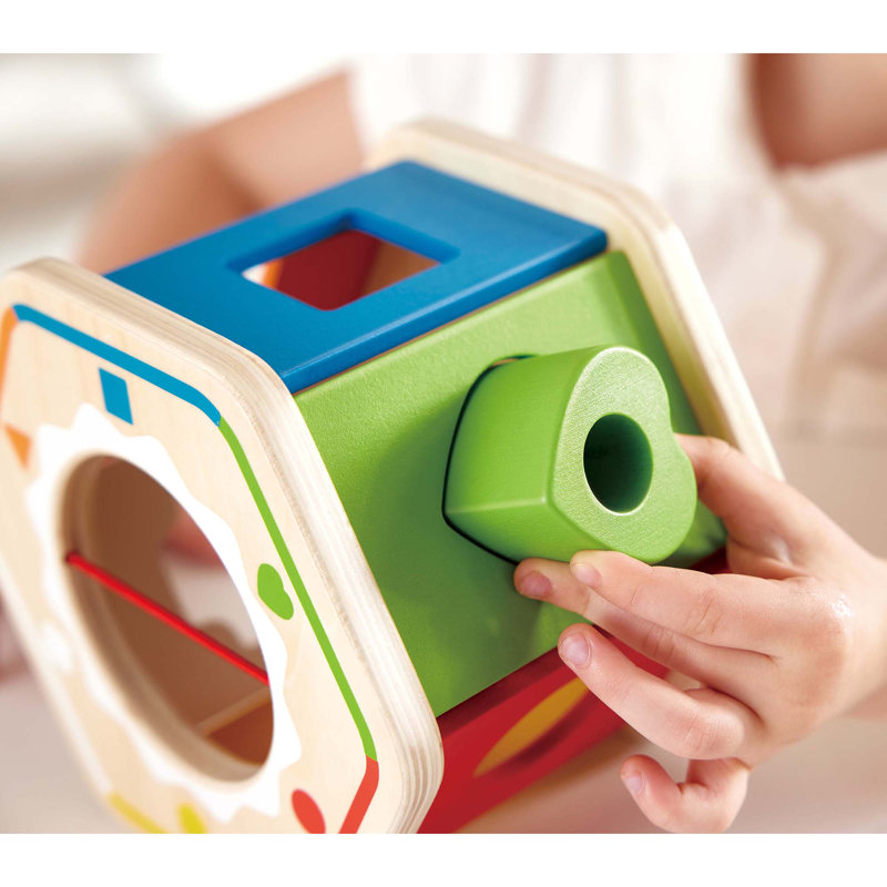 Hape: trieur de formes en bois - jouet de jeu arc-en-ciel, 6 blocs multifonctionnels, roue de couleur mobile, côté corde élastique, bébé-tout-petit-enfants de 1 an et plus