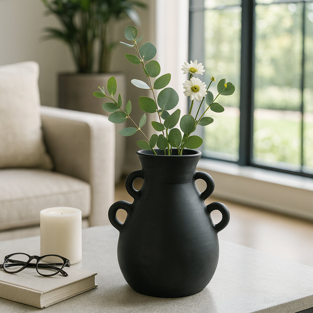 Kenshin Handcrafted Terracotta Table Vase, Black