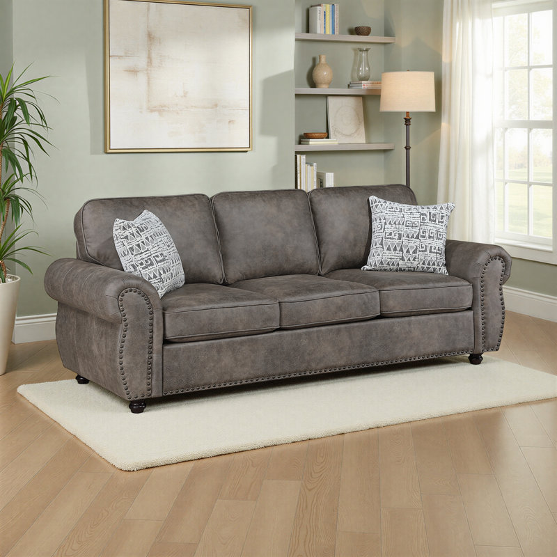 Stonington 91" Traditional Microfiber Living Room Sofa with Pocket Coil Support, Nailhead Trim, and Two Decor Pillows