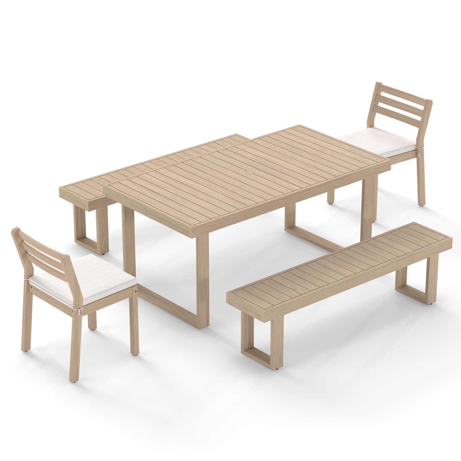 Solid Acacia Wood 7-Piece Outdoor Dining Set, 5 Pcs: Table, 2 Chairs, 2 Benchs