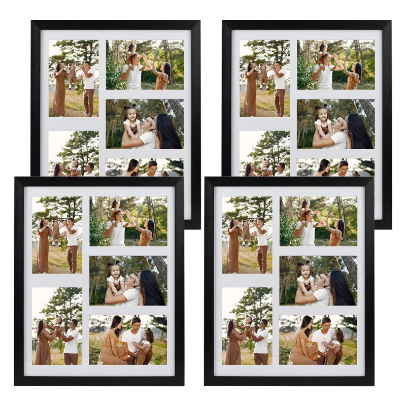 Ensemble de 4 cadres photo 11 x 14, noir, 5 ouvertures pour photos 4 x 6, fixation murale horizontale et verticale