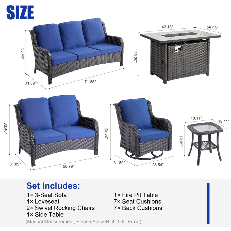 Wicker 8 - Person Patio Conversation Set with Cushions, Navy Blue, 25.2" H x 42.13" W x 25.98" D, Brown