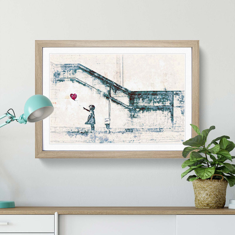 There Is Always Hope Girl With Red Balloon by Banksy - Painting, 45cm H x 63cm W x 2cm D, Light Oak Paper
