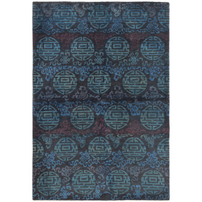 Tapis unique en laine noué à la main noir et bleu années 2010 6 pi 2 po x 8 pi 9 po Quintarus