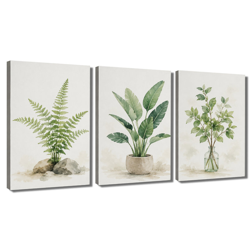 Tableau en trois panneaux, plantes botaniques vertes, impression sur toile tendue à l'aquarelle, 20 * 30 pouces * 3