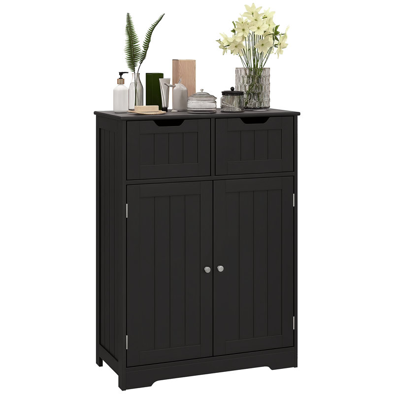 Armoire de salle de bain autoportante avec 2 tiroirs et tablette réglable, Noir, noir, noir, noir