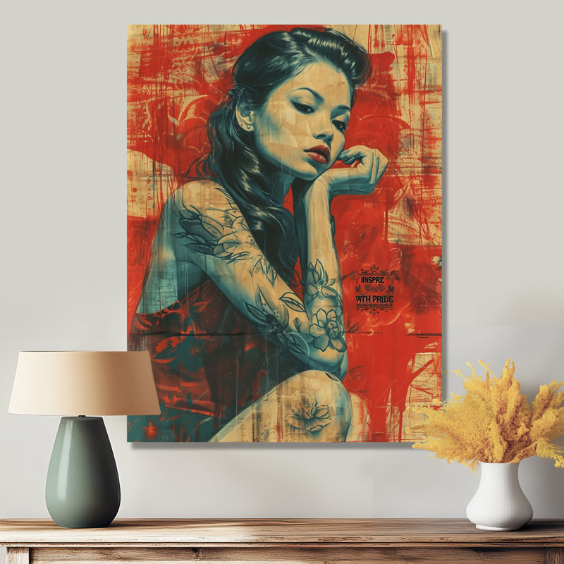 Collage asiatique rétro, portrait bleu rouge - Décoration murale asiatique, Toile tendue, H 20 po x l 12 po